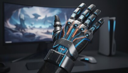 Futuristic cybernetic glove with bright blue and orange accents extends an open hand in front of a curved computer monitor displaying a video game