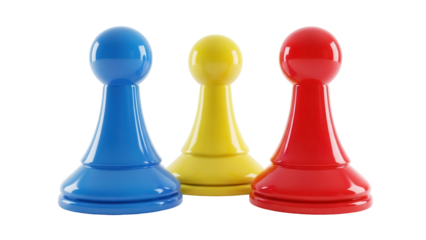 Colorful game pawns PNG isolated on transparent background, blue yellow and red board game pieces for strategy and competition
