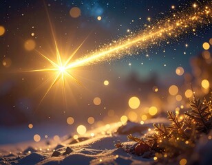A brilliant, golden shooting star streaks across a twilight sky above a snowy landscape dotted with warm bokeh lights and frosted greenery.