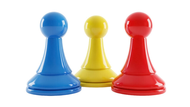 Colorful game pawns PNG isolated on transparent background, blue yellow and red board game pieces for strategy and competition