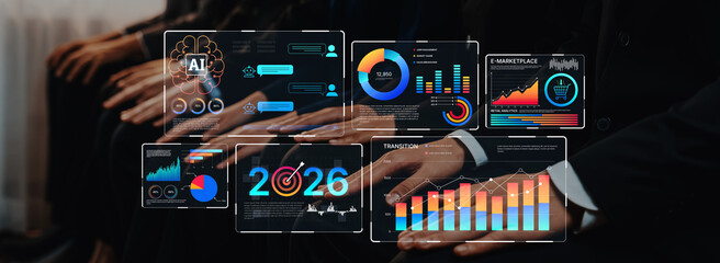 A group of professionals engaged in a business meeting, displaying advanced analytics dashboards that showcase data trends and future projections in a corporate setting. Trope