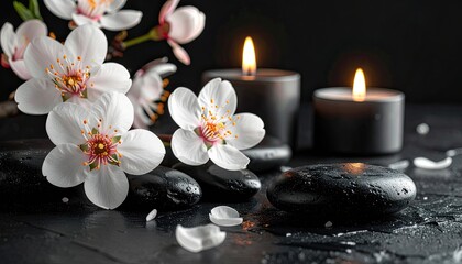 Fototapeta premium Serene arrangement of white cherry blossoms, black massage stones, and glowing candles against a dark background.