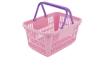 Fototapeta premium Pink plastic shopping basket isolated PNG, reusable container with purple handle for groceries and household items on transparent background