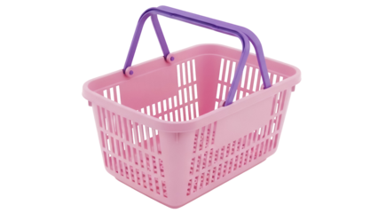 Pink plastic shopping basket isolated PNG, reusable container with purple handle for groceries and household items on transparent background