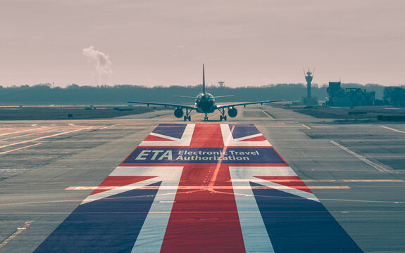 Airplane preparing for departure on a runway overlaid with the United Kingdom flag and ETA Electronic Travel Authorization text, symbolizing travel to Britain