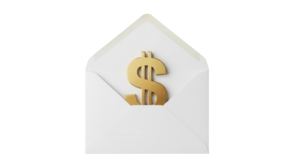 Golden dollar sign in open envelope isolated PNG, money symbol for financial success and investment on transparent background