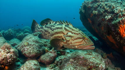 Giant grouper resting in its natural reef habitat with realistic lighting and detailed texture