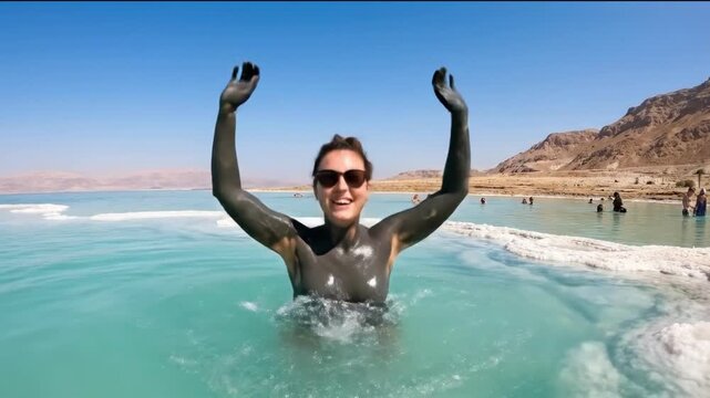 Joyful young woman covered in mineral-rich mud raising arms while splashing in the turquoise Dead Sea with salt formations for natural wellness travel concept