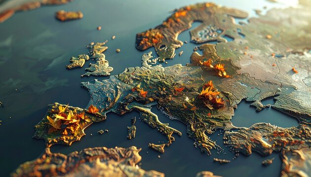 A textured, stylized map of Europe featuring autumn foliage and rich detail.