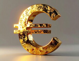 A luminous, textured gold Euro currency symbol stands against a neutral background.