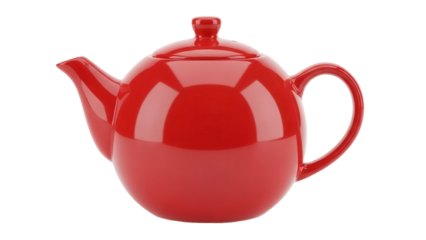 Shiny red teapot isolated PNG on transparent background, classic ceramic kettle for tea preparation and serving, kitchenware