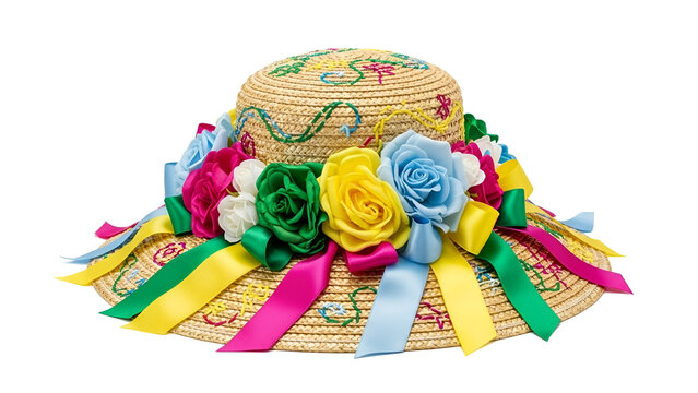 Traditional straw easter bonnet hat with colorful silk flowers and ribbons for spring holiday fashion