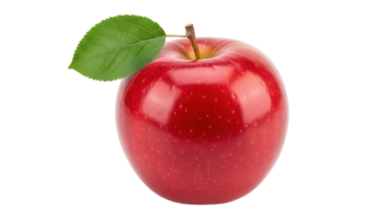 Shiny red apple with green leaf isolated PNG, fresh fruit on transparent background for healthy eating and food design projects