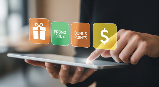 Digital loyalty program interface on tablet, customer using promo code and bonus points icons, online shopping rewards and discount concept