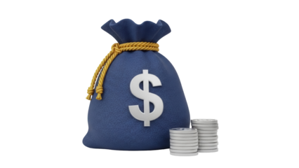Blue money bag with dollar sign and silver coins isolated PNG, financial savings and investment concept on transparent background