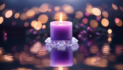 single purple candle floating on water with crystal base and bokeh lights oil lamp flame
