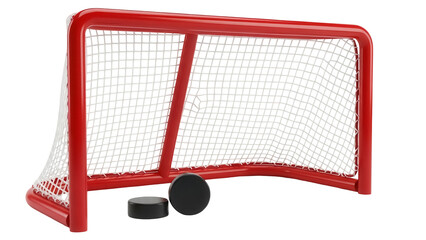 Red hockey goal with pucks isolated PNG, sports equipment for ice hockey game on transparent background, cutout object for design