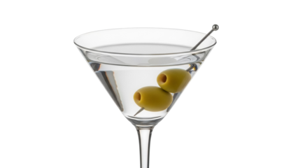 Classic martini cocktail with green olives isolated PNG, alcoholic beverage for bars and restaurants on transparent background