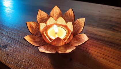 lotus shaped candle holders with lit flames on a wooden surface light flower