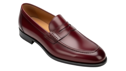 Burgundy leather penny loafer isolated PNG, classic slip-on shoe for formal and casual wear on transparent background