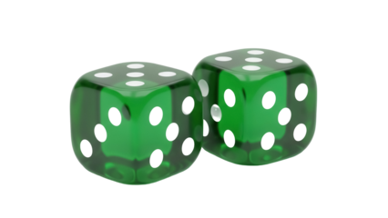 Two green dice PNG isolated on transparent background, gambling game cubes with white dots for casino and board game design