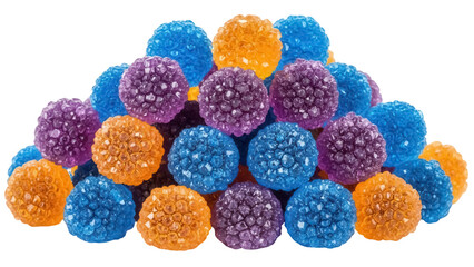 Pile of colorful crystal candy drops PNG isolated on transparent background, assorted fruit flavored hard candies for confectionery designs