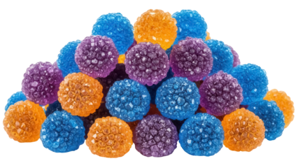 Pile of colorful crystal candy drops PNG isolated on transparent background, assorted fruit flavored hard candies for confectionery designs