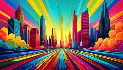 bright cityscape in comic style tall skyscrapers of saturated and bright color generative ai