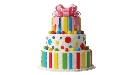Colorful three-tiered birthday cake with pink bow isolated PNG, festive dessert for celebration and...