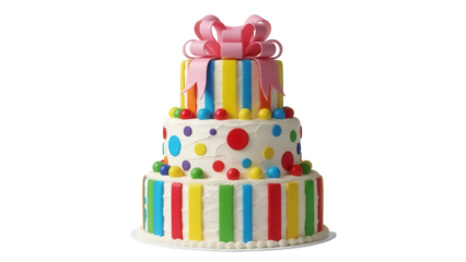 Colorful three-tiered birthday cake with pink bow isolated PNG, festive dessert for celebration and party decorations on transparent background