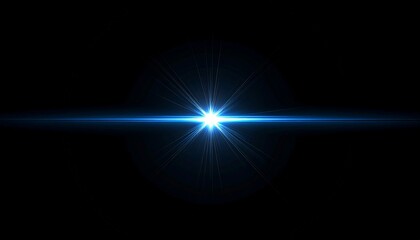 Abstract blue camera lens flare light effect. Anamorphic optical flash with glowing rays and bright star burst. Design element for screen overlay or background on a black background concept.
