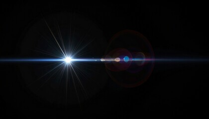 Abstract horizontal anamorphic lens flare with vibrant light streaks, optical effects, and glowing sunburst. Special effect overlay for photo and video editing, isolated on a black screen.