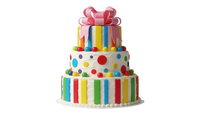 Colorful three-tiered birthday cake with pink bow isolated PNG, festive dessert for celebration and party decorations on transparent background
