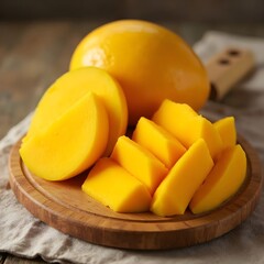 A fresh mango cut into cubes, on a wooden cutting board.