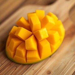 A fresh mango cut into cubes, on a wooden cutting board.