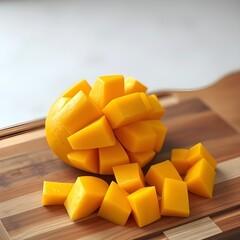 A fresh mango cut into cubes, on a wooden cutting board.