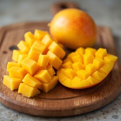 A fresh mango cut into cubes, on a wooden cutting board.
