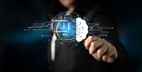 Concept of artificial intelligence and machine learning. A central processor transfers information to a cloud brain, representing a global neural network and deep learning. Fermion