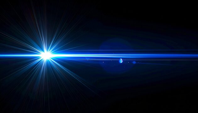 Abstract blue camera lens flare with bright starburst and anamorphic light streak. Luminous optical overlay effect for screen mode on a solid black background. Digital art for design projects.