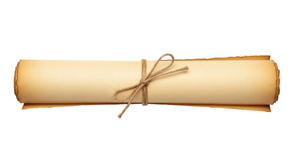 Aged paper scroll PNG isolated on transparent background, antique parchment roll tied with twine for historical documents and treasure maps