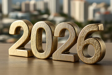 A wooden sculpture of the year 2026 on a table with a blurred cityscape in the background