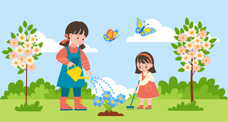 Two little sisters planting flowers together in the garden. Two little girls working together outside in the garden.
