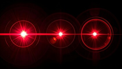 Three bright red camera lens flares in a row creating a futuristic light effect. Abstract optical laser beam with starburst and halo overlay for screen on a black background. Modern design element.