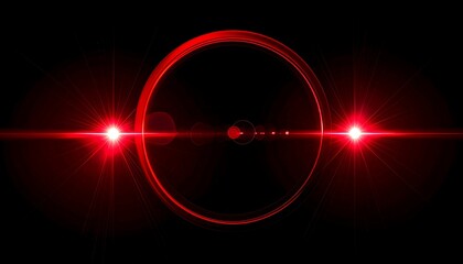 Futuristic red light circle with optical camera lens flare effect. Abstract glowing beam overlay for screen design. Bright energetic starburst on a dark black background illustration.