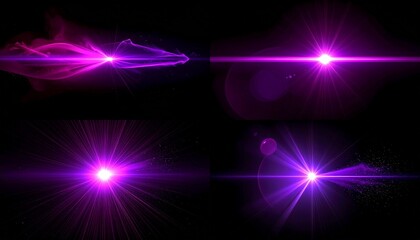 Set of four purple optical lens flare effects with light beams and particles. Abstract screen overlay design elements isolated on a solid black background for digital compositions.