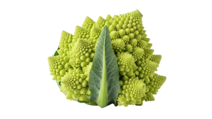 Vibrant green Romanesco broccoli with leaf isolated PNG, fractal vegetable on transparent background for healthy eating and culinary design
