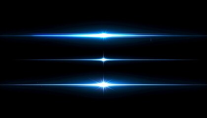 Set of realistic blue anamorphic lens flares and glowing light streaks. Abstract optical camera effects for overlay or screen mode. Bright starburst lights isolated on a black background.