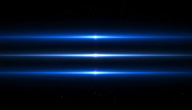 Three bright blue anamorphic camera lens flares and light streaks effect. Abstract cinematic overlay for screen and video editing on a black background. Futuristic glowing optical illumination.