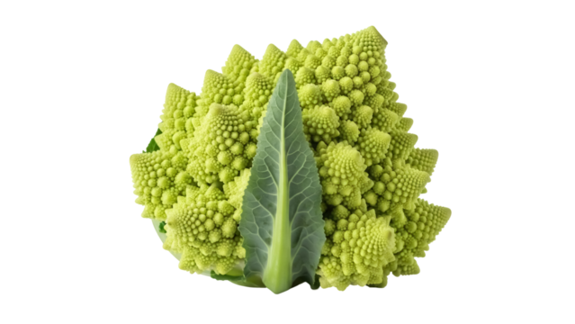 Vibrant green Romanesco broccoli with leaf isolated PNG, fractal vegetable on transparent background for healthy eating and culinary design - Powered by Adobe