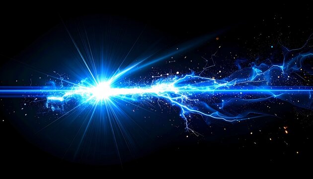 Abstract blue lightning bolt with electric energy flash and bright particles. Dynamic sci-fi technology concept with light rays and sparks on a black background. Powerful visual effect overlay.